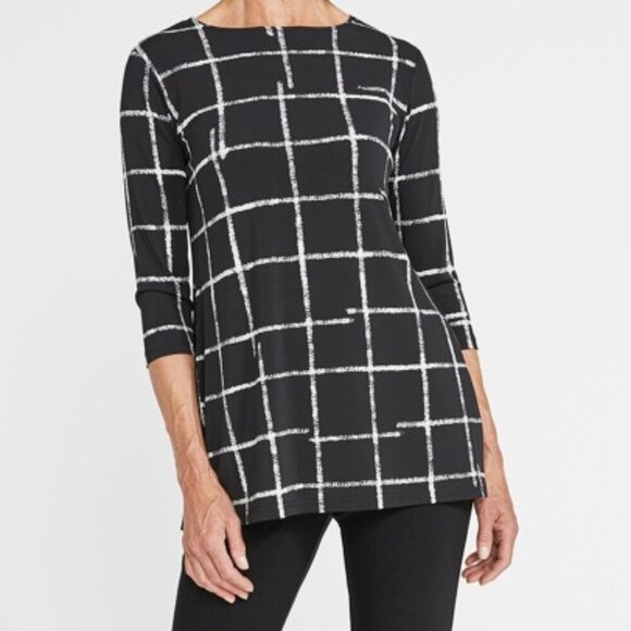 Sympli Cross hatch tunic blouse shirt top black white check chiffon floaty 10 M - Picture 1 of 6
